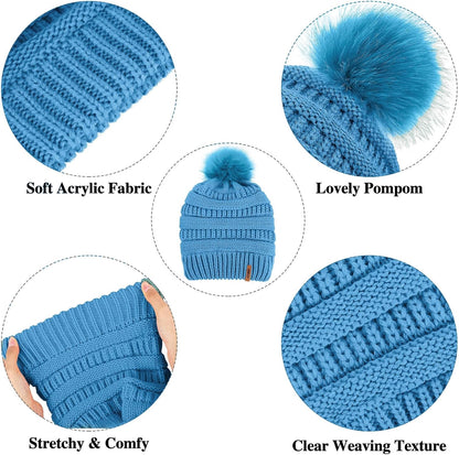 Women's Winter Warmth Set: Knitted Beanie Hat with Fur Pompoms, Loop Scarf, and Touch Screen Gloves