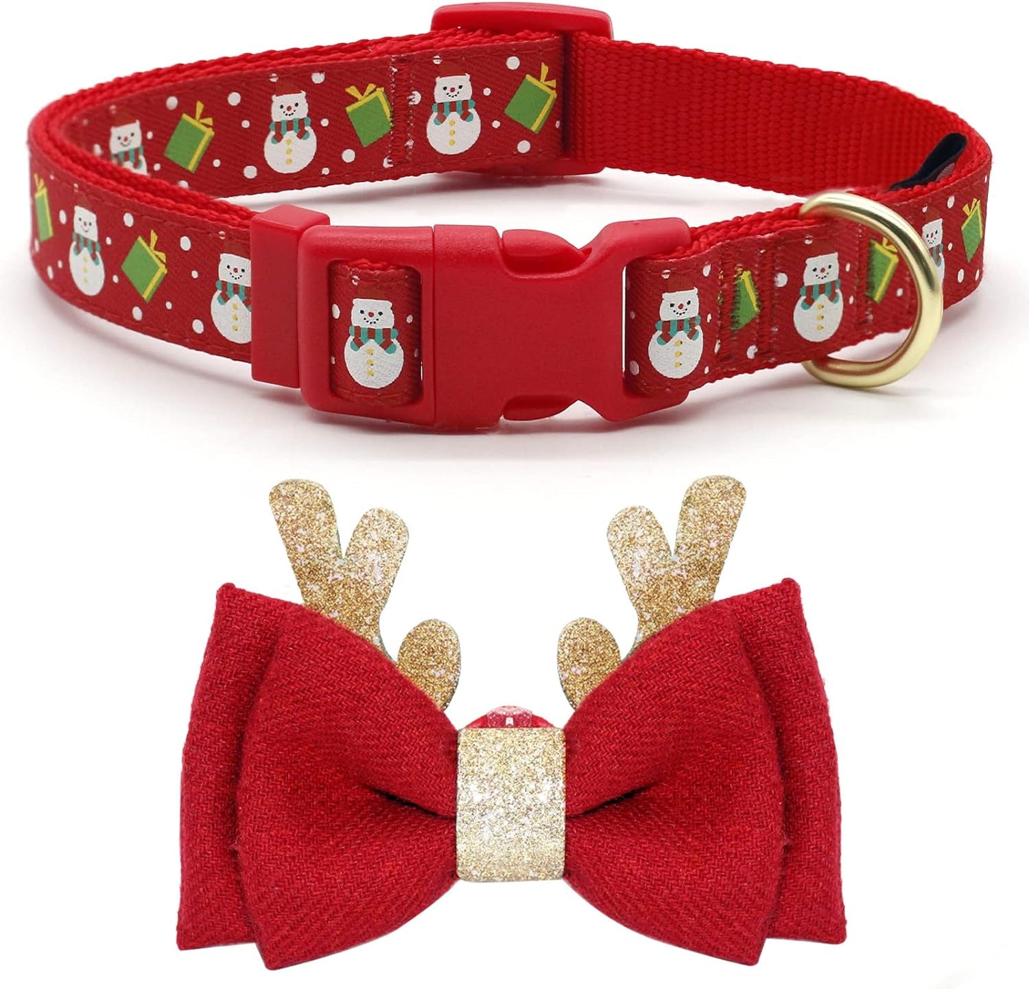  Adjustable Christmas Dog Collar with Christmas Antler Bow Tie Accessories Snowman Dog Collar for Medium Dogs