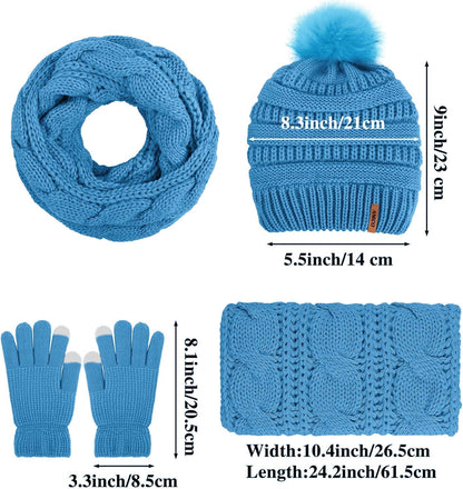 Women's Winter Warmth Set: Knitted Beanie Hat with Fur Pompoms, Loop Scarf, and Touch Screen Gloves