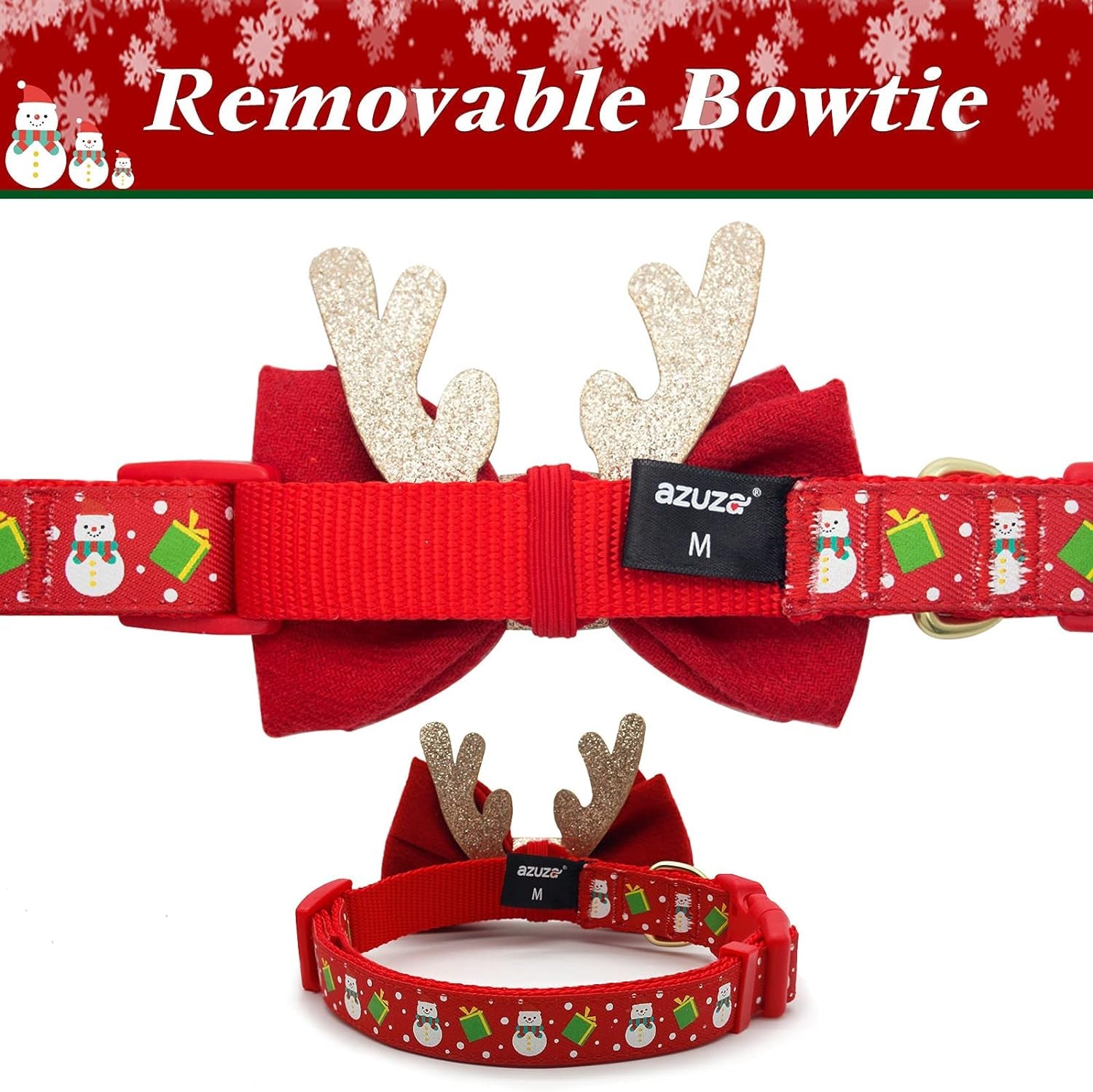  Adjustable Christmas Dog Collar with Christmas Antler Bow Tie Accessories Snowman Dog Collar for Medium Dogs