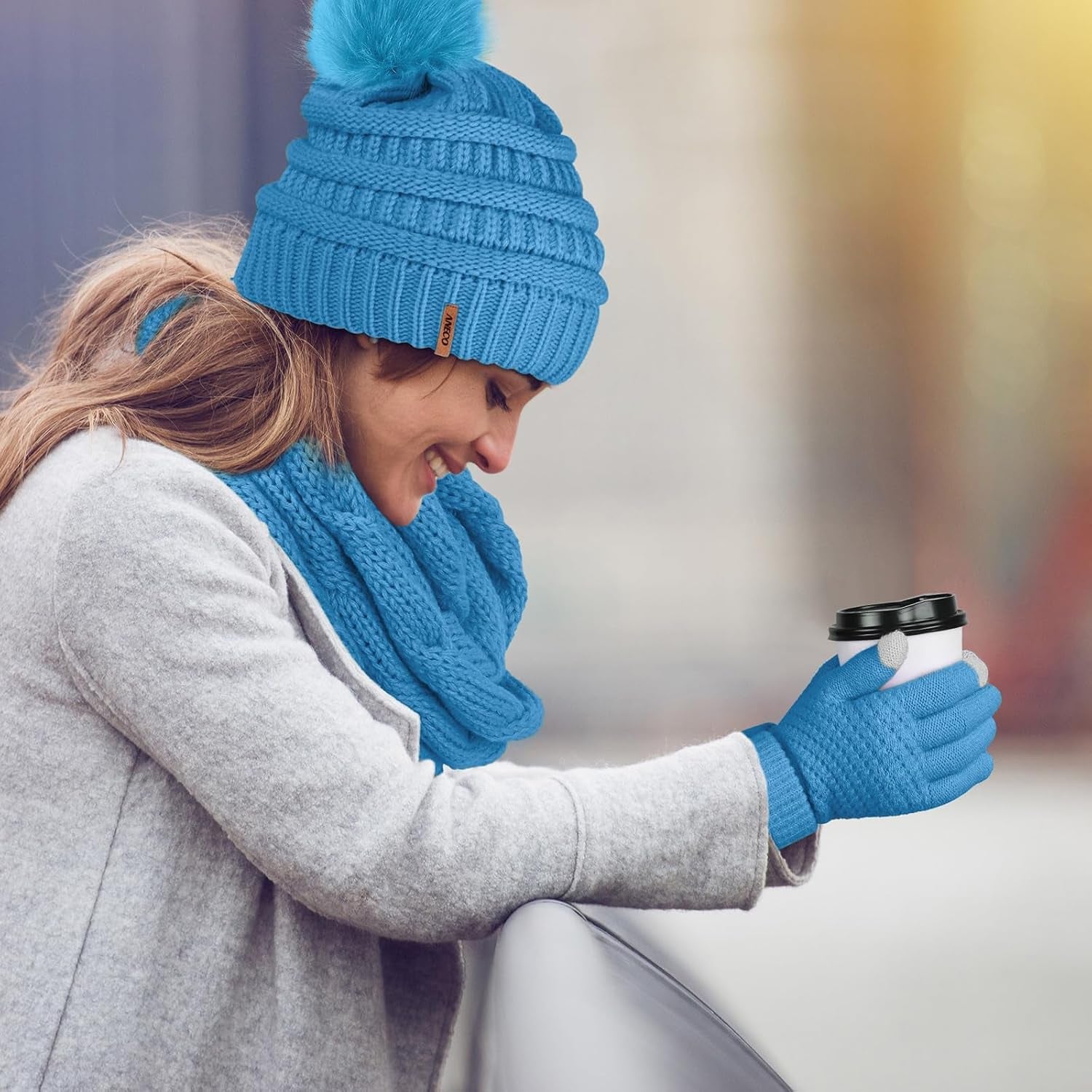 Women's Winter Warmth Set: Knitted Beanie Hat with Fur Pompoms, Loop Scarf, and Touch Screen Gloves