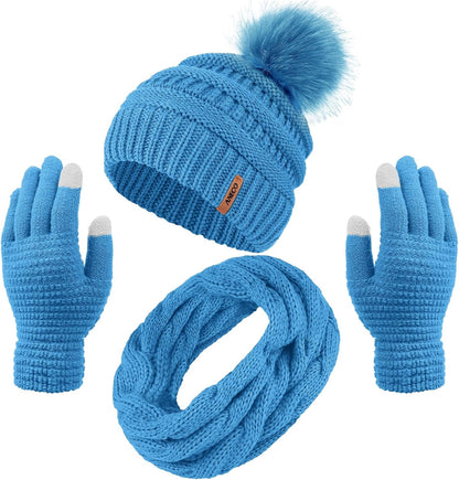 Women's Winter Warmth Set: Knitted Beanie Hat with Fur Pompoms, Loop Scarf, and Touch Screen Gloves