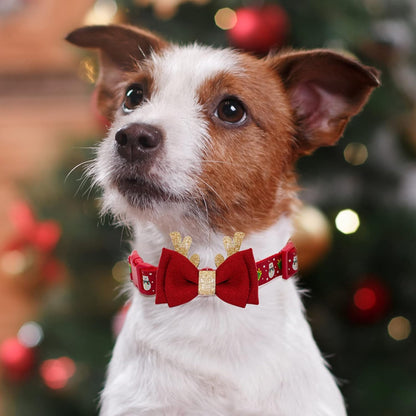  Adjustable Christmas Dog Collar with Christmas Antler Bow Tie Accessories Snowman Dog Collar for Medium Dogs